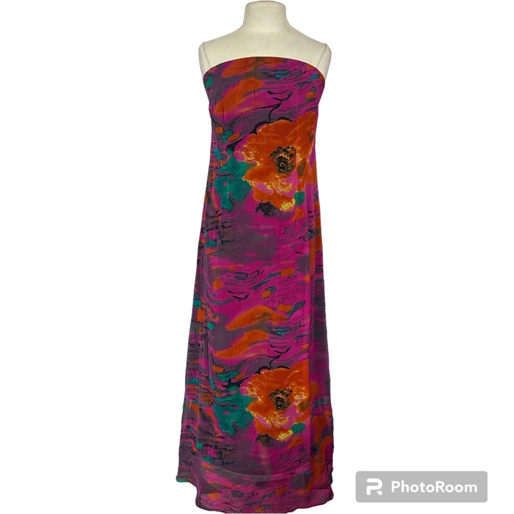 RUNAWAY PONY AUSTRALIA 100% SILK COLORFUL FLORAL STRAPLESS SHEATH MAXI DRESS SzS
